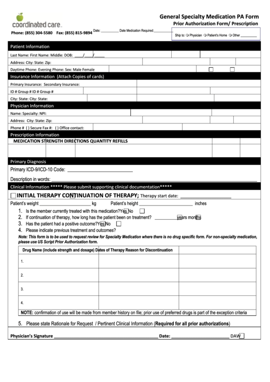 Fillable General Specialty Medication Pa Form - Prior Authorization Form/ Prescription Printable pdf