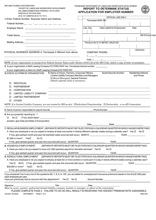 Form Lb-0441 - Report To Determine Status Application For Employer Number (2004) Printable pdf