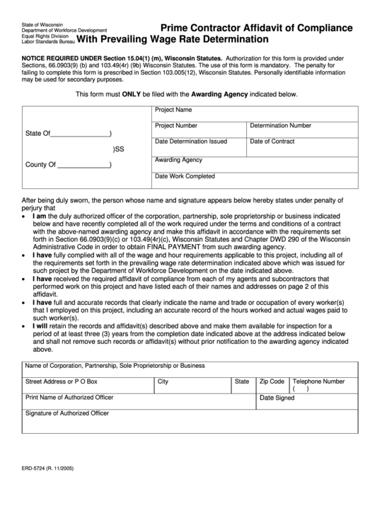 Form Erd-5724 - Prime Contractor Affidavit Of Compliance With Prevailing Wage Rate Determination Printable pdf