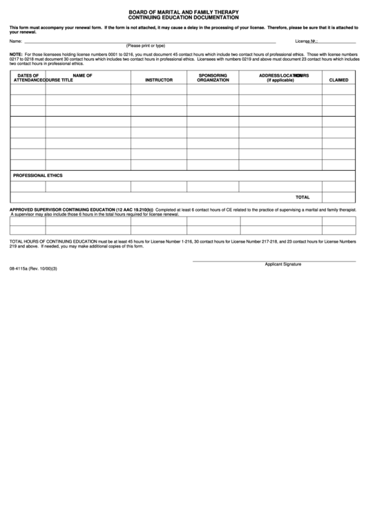 Continuing Education Documentation Form - Board Of Marital And Family Therapy Printable pdf