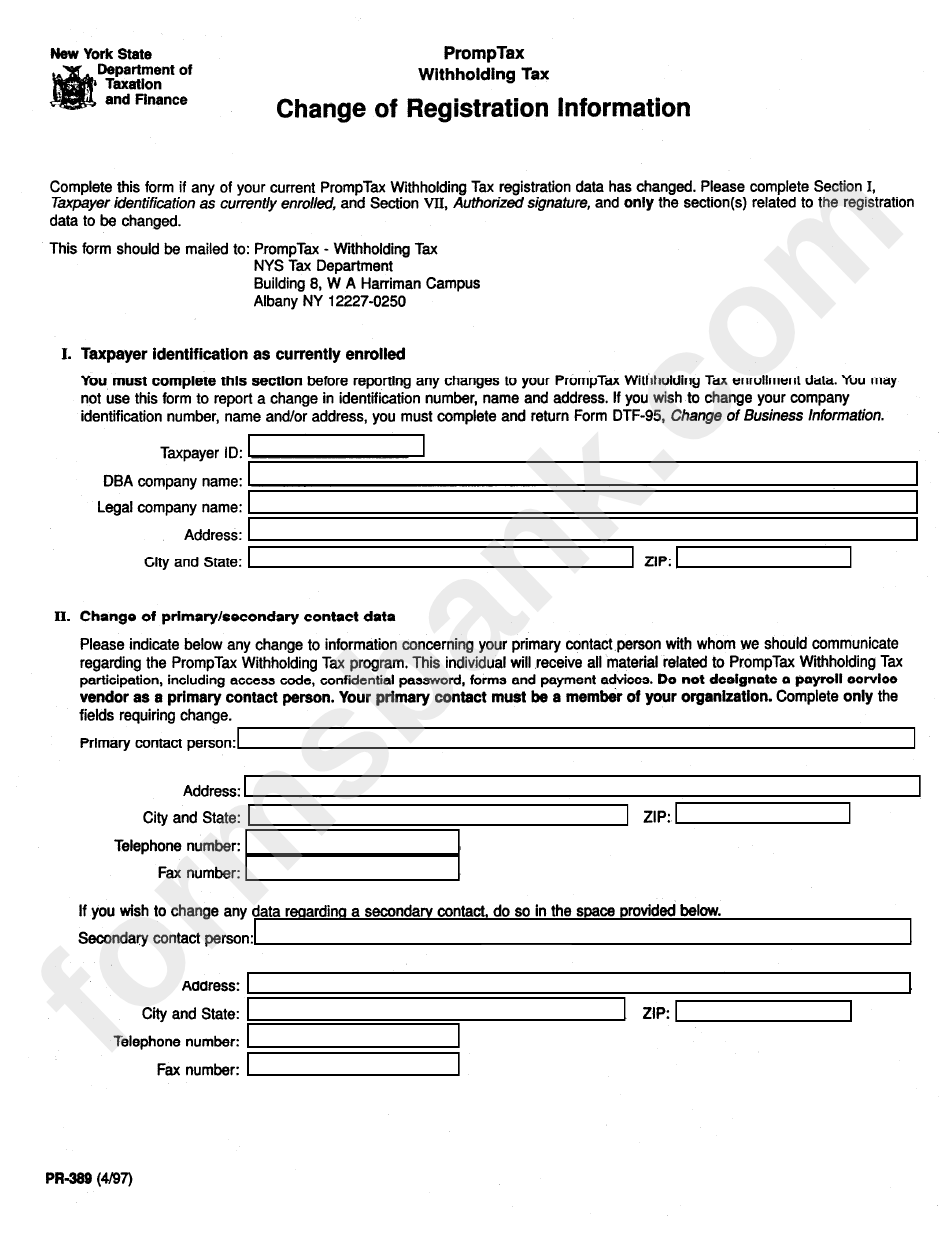 Form 389 - Change Of Registration Information - Department Of Taxation And Finance - New York State