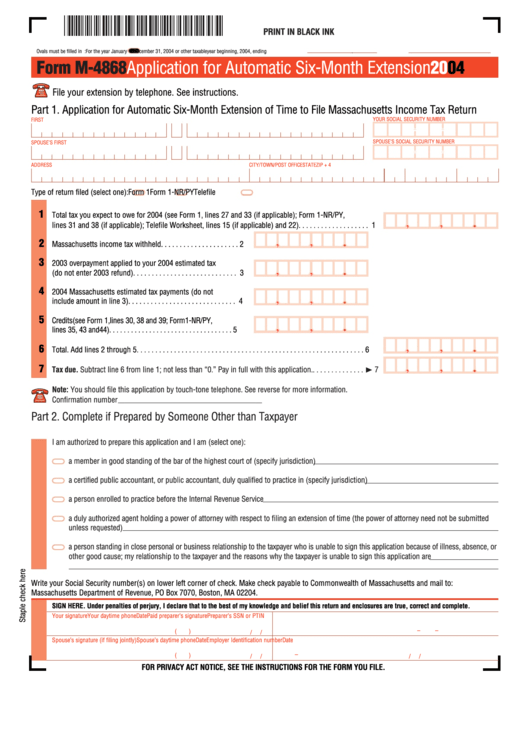 Form M-4868 - Application For Automatic Six-Month Extension - 2004 Printable pdf