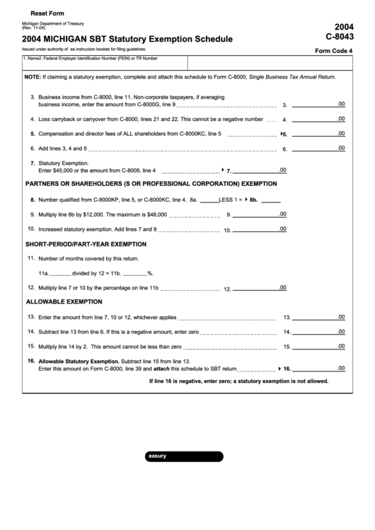 Fillable Form C-8043 - Michigan Sbt Statutory Exemption Schedule - 2004 Printable pdf