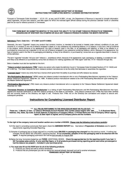 Instructions For Completing Licensed Distributor Report - Tennessee Department Of Revenue Printable pdf