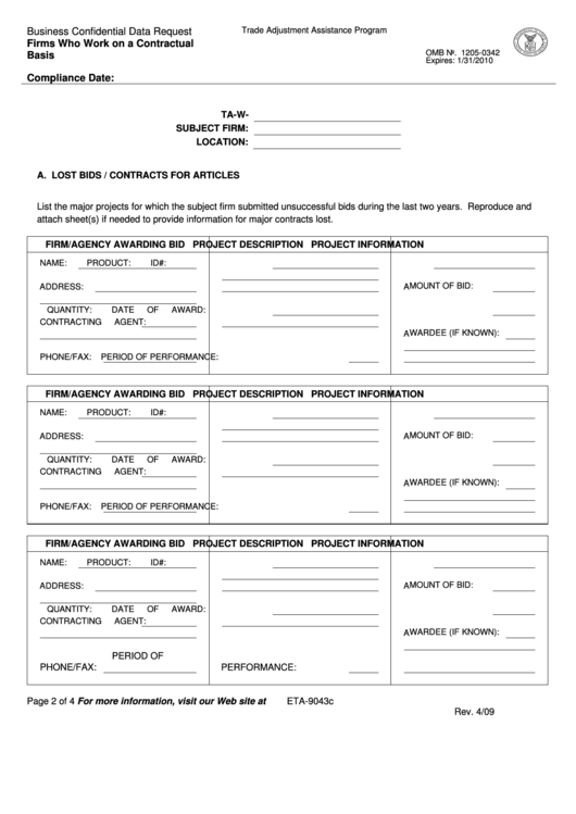 Form Eta-9043c - Business Confidential Data Request - 2009 Printable pdf
