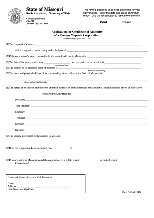 Fillable Forn Corp. 55a - Application For Certificate Of Authority Of A Foreign Nonprofit Corporation Printable pdf