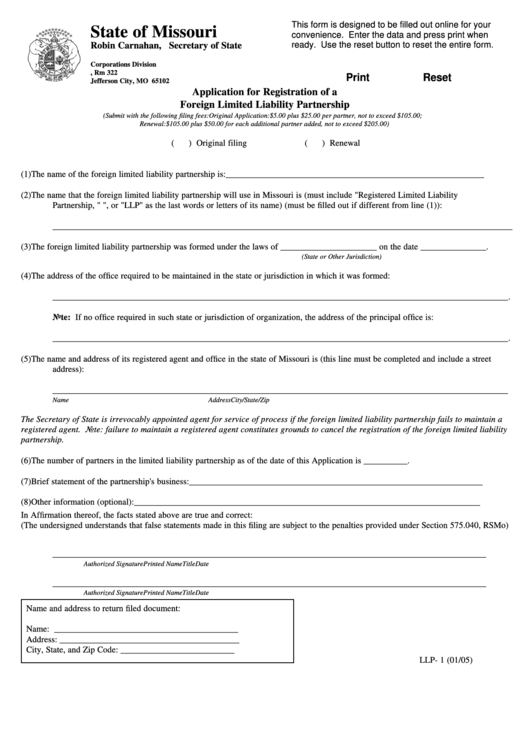 Fillable Form Llp- 1 - Application For Registration Of A Foreign Limited Liability Partnership 2005 Printable pdf