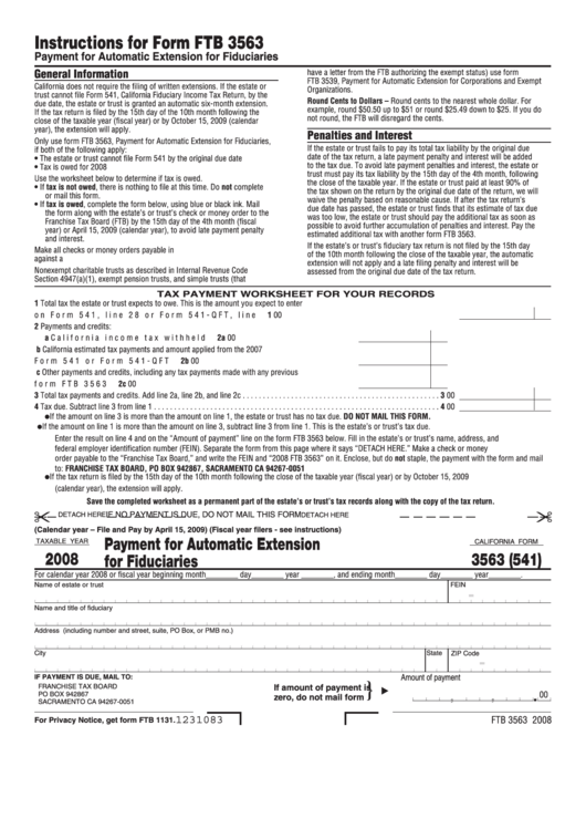 California Form 3563 (541) - Payment For Automatic Extension For Fiduciaries - 2008 Printable pdf