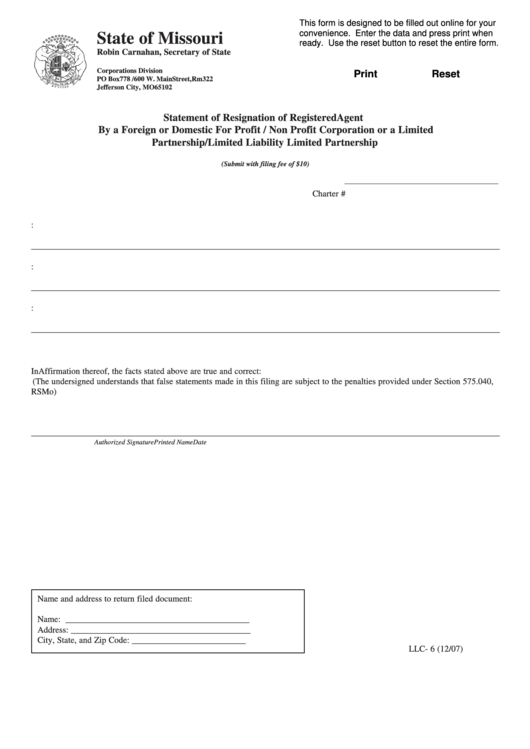 Fillable Form Llc- 6 - Statement Of Resignation Of Registered Agent By A Foreign Or Domestic For Profit 2007 Printable pdf