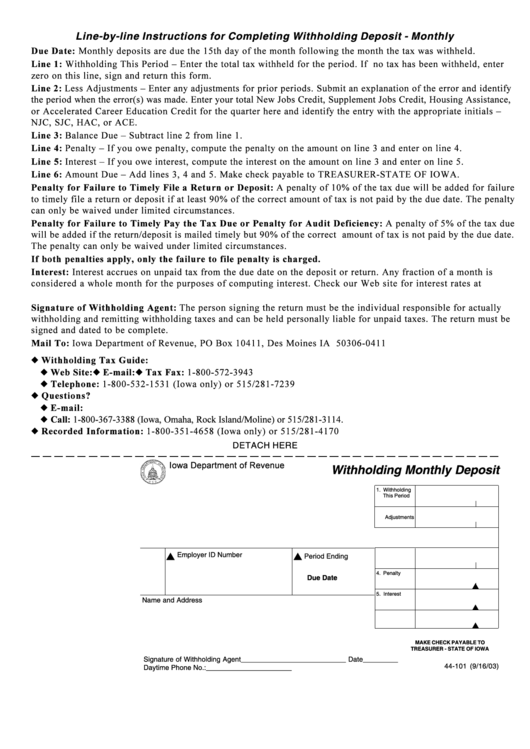 Form 44-101 - Withholding Monthly Deposit Printable pdf