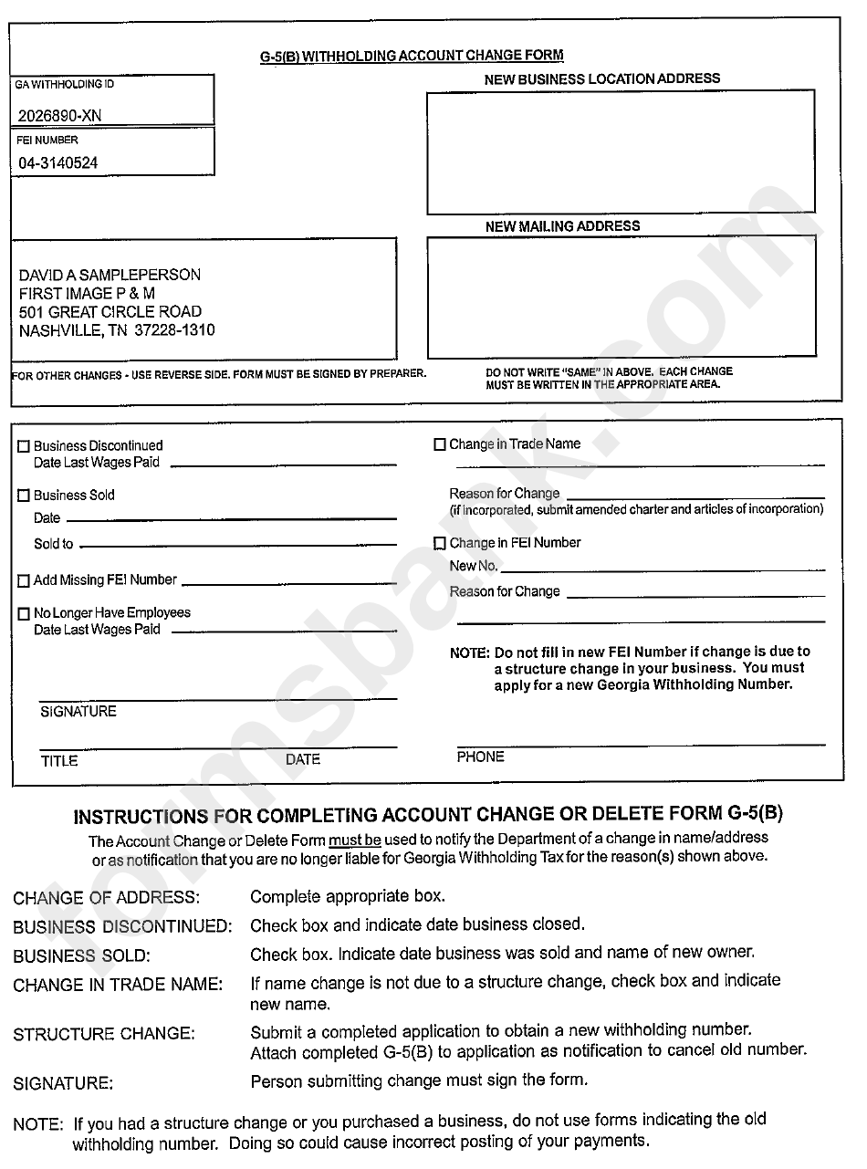 Form G-5(B) - Withholding Account Change Form