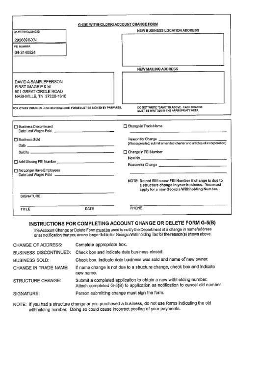 Form G-5(B) - Withholding Account Change Form Printable pdf