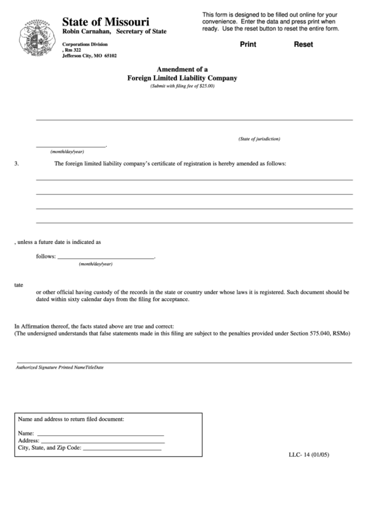 Fillable Form Llc- 14 - Amendment Of A Foreign Limited Liability Company - 2005 Printable pdf