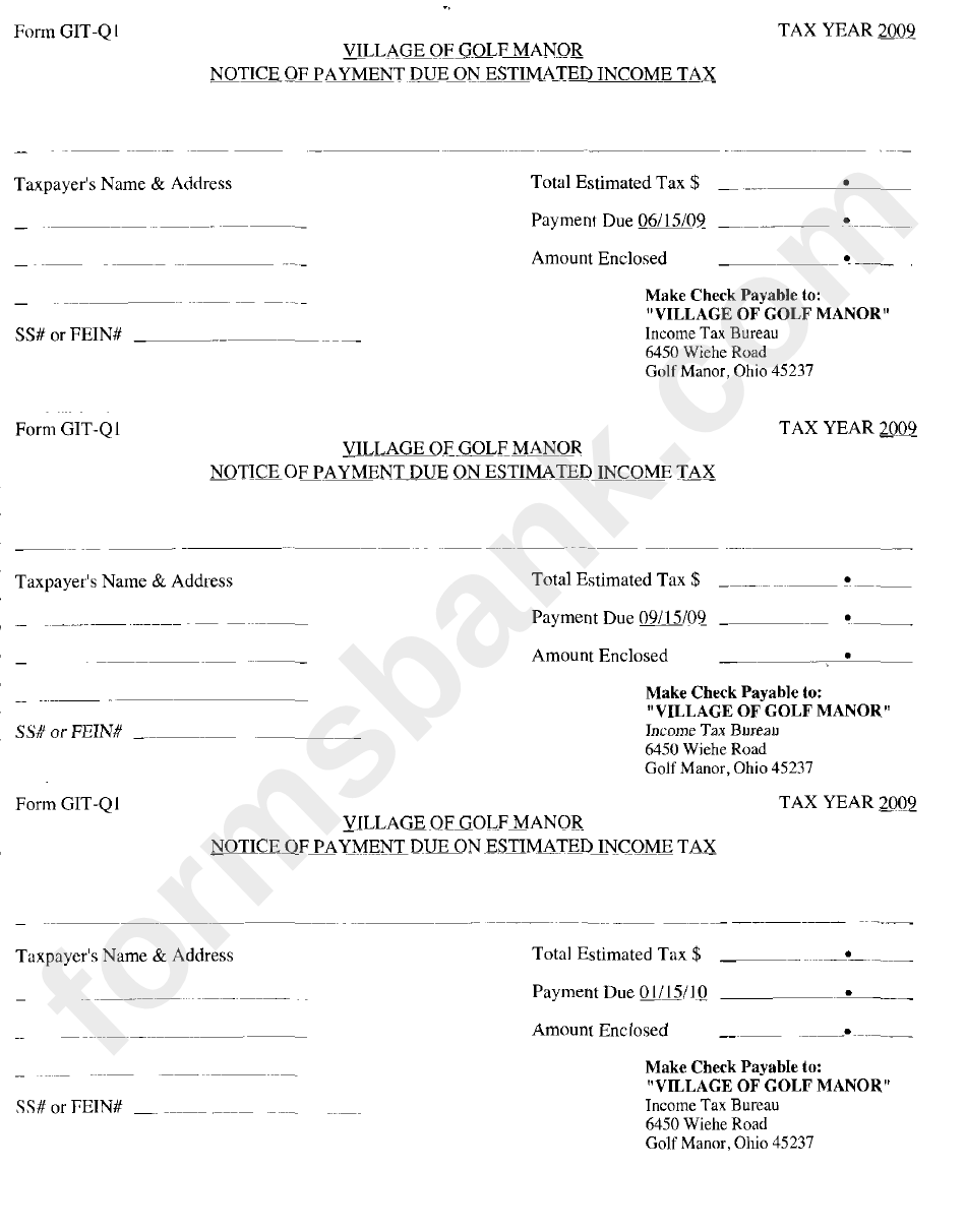 Form Git-Q1 - Ohio Income Tax Notice Of Payment Form - Village Of Golf Manor - 2009