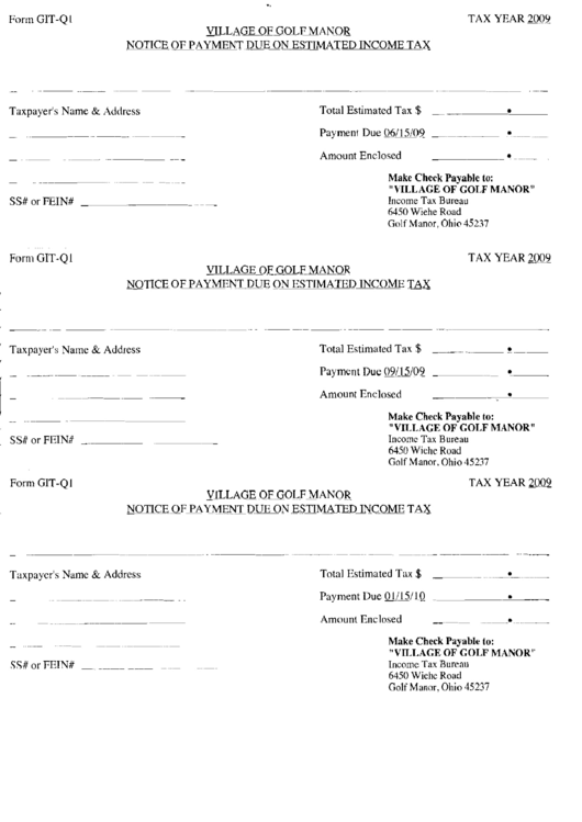 Form Git-Q1 - Ohio Income Tax Notice Of Payment Form - Village Of Golf Manor - 2009 Printable pdf