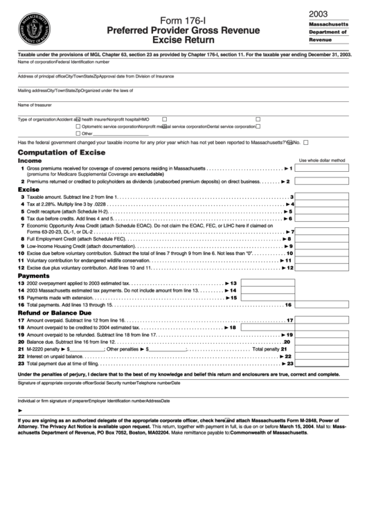 Form 176-I - Preferred Provider Gross Revenue Excise Return - 2003 Printable pdf