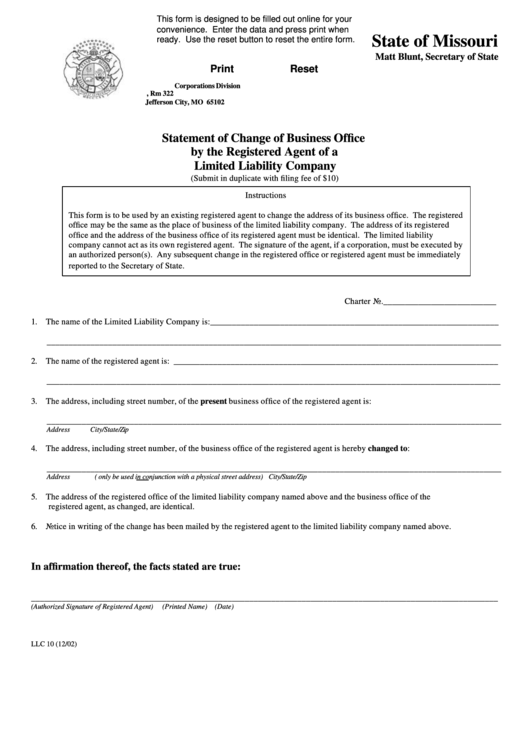 Fillable Form Llc 10 - Statement Of Change Of Business Office By The Registered Agent Of A Limited Liability Company Printable pdf