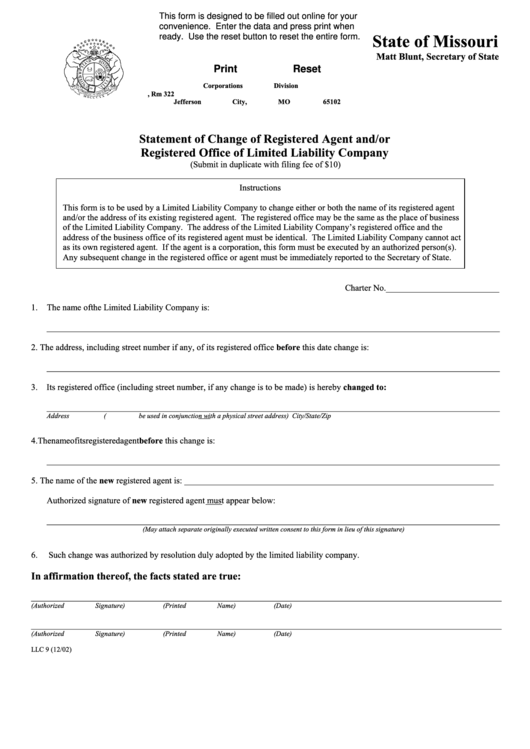 Fillable Forn Llc 9 - Statement Of Change Of Registered Agent And/or Registered Office Of Limited Liability Company Printable pdf