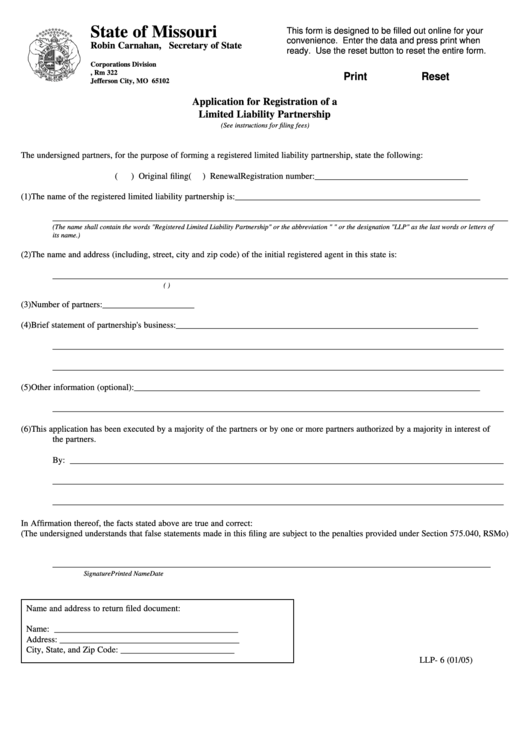 Fillable Form Llp-6 - Application For Registration Of A Limited Liability Partnership 2005 Printable pdf