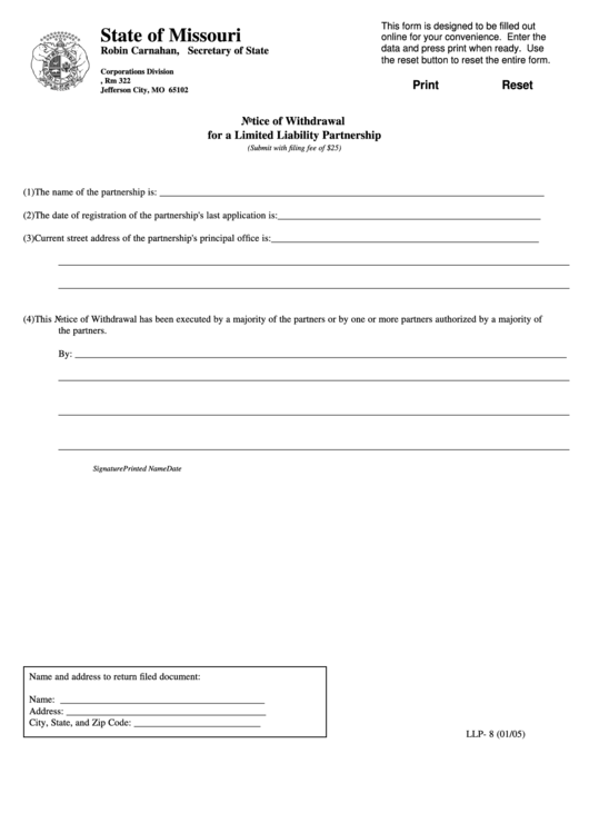Fillable Form Llp-8 - Notice Of Withdrawal For A Limited Liability Partnership Printable pdf