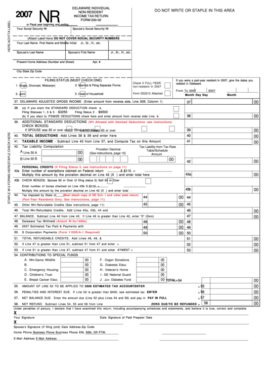 Fillable Form 200-02 - Delaware Individual Non-Resident Income Tax Return Printable pdf