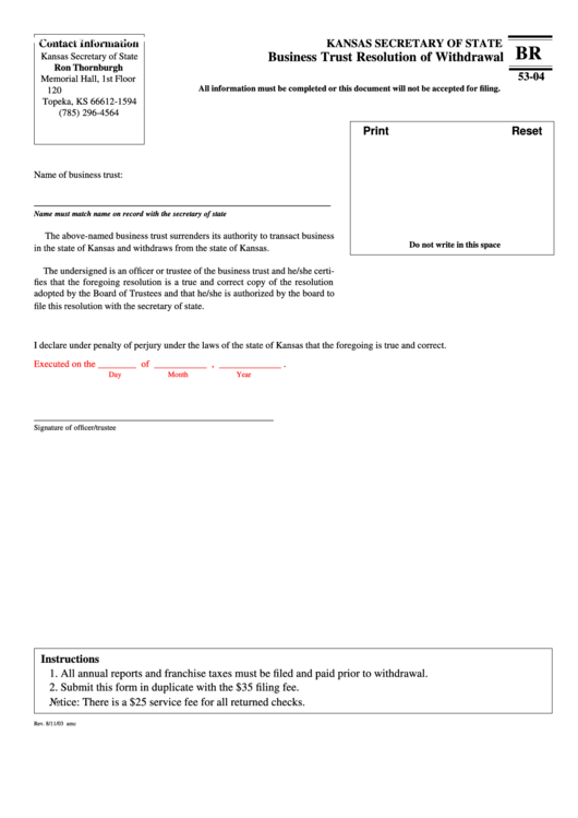 Form Br - Business Trust Resolution Of Withdrawal-Kansas Secretary Of State Printable pdf