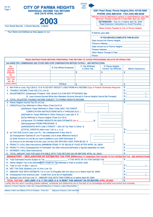 Individual Income Tax Return Form - City Of Parma Heights - 2003 Printable pdf