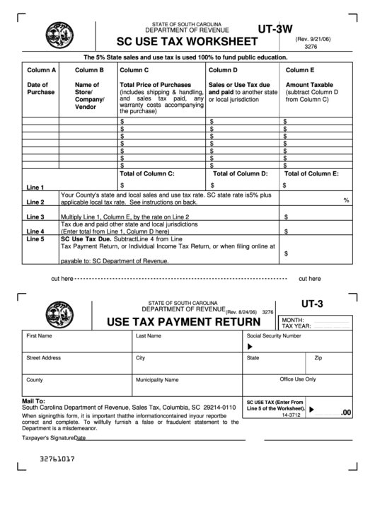 Form Ut-3w - Sc Use Tax Worksheet -State Of South Carolina Department Of Revenue Printable pdf