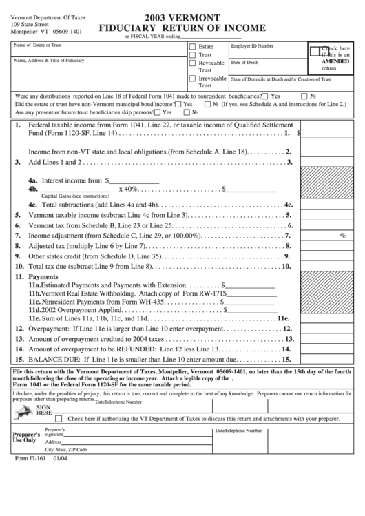 Form Fi-161 - Fiduciary Return Of Income - 2003 Printable pdf
