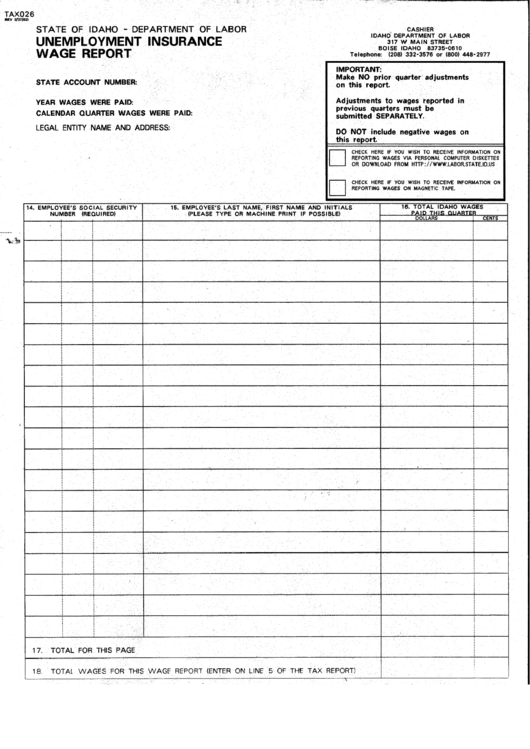 Form Tax026 - Unemployment Insurance Wage Report - Department Of Labor Printable pdf