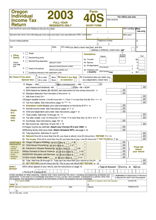 Form 40s (Short Form) - Oregon Individual Income Tax Return (Full-Year Residents Only) - 2003 Printable pdf