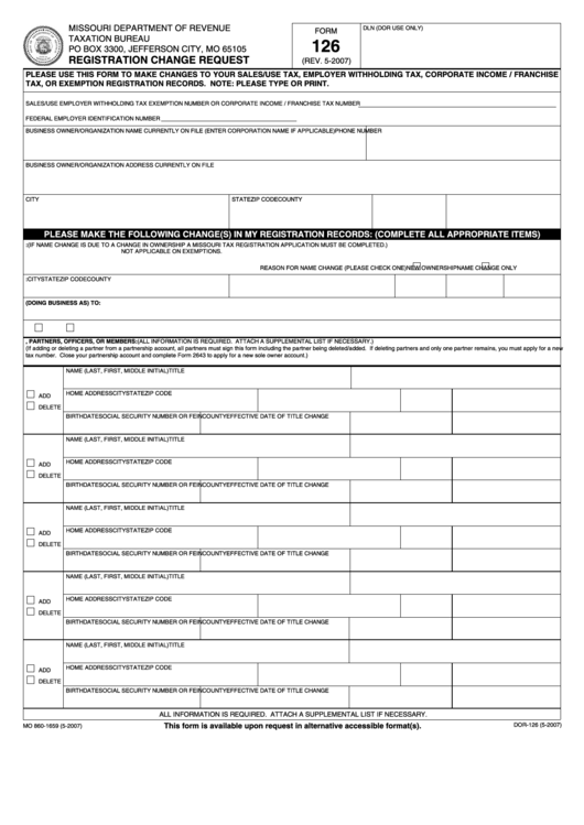 Fillable Form 126- Registration Change Request-Missouri Department Of Revenue Taxation Bureau Printable pdf