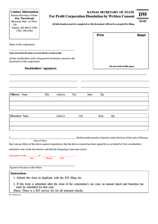 Fillable Form Dw 53-01 - For Profit Corporation Dissolution By Written Consent Printable pdf