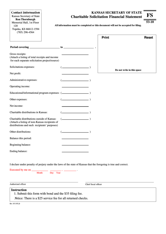 Fillable Form Fs 53-10 - Charitable Solicitation Financial Statement Printable pdf