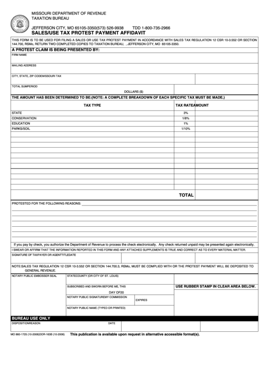 Fillable Form Mo 860-1725 - Sales/use Tax Protest Payment Affidavit-Missouri Department Of Revenue Taxation Bureau Printable pdf