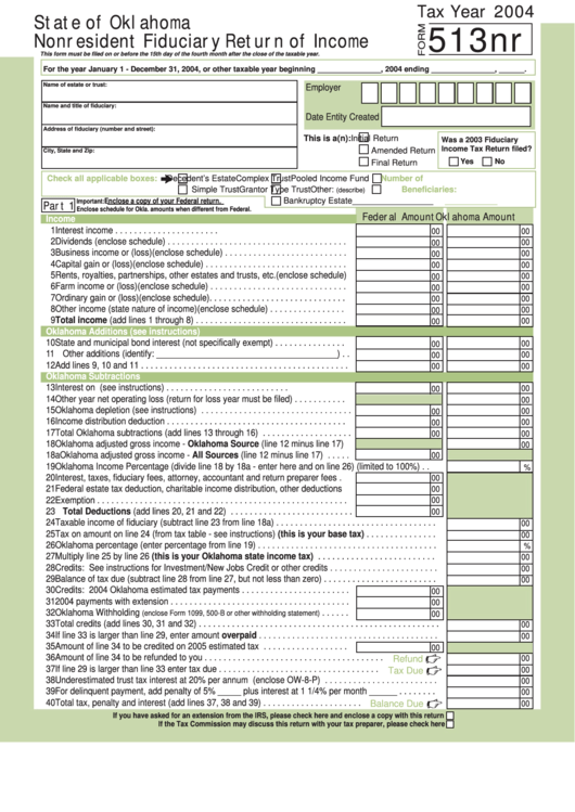 Form 513nr - Oklahoma Nonresident Fiduciary Return Of Income - 2004 Printable pdf