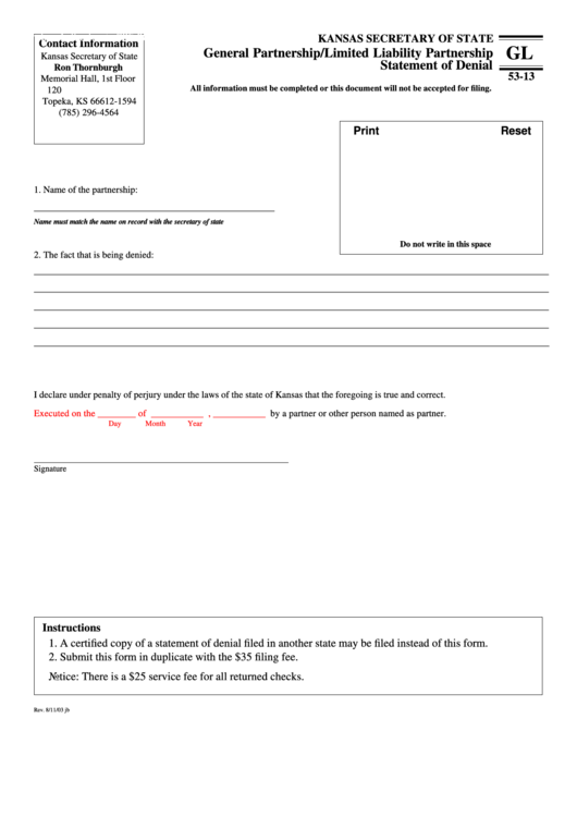 Fillable Form Gl 53-13 - General Partnership/limited Liability Partnership Statement Of Denial Printable pdf