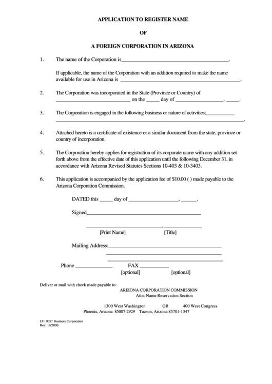 Form Cf: 0057 - Application To Register Name Of A Foreign Corporation In Arizona Printable pdf