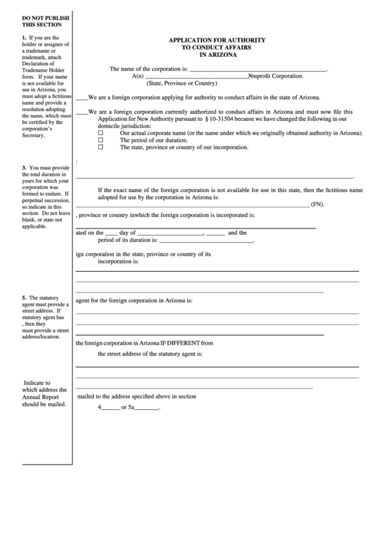 Form Cf:0061 - Application For Authority To Conduct Affairs In Arizona Printable pdf