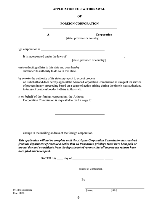 Form Cf: 0025 Foreign - Application For Withdrawal Of Foreign Corporation Printable pdf