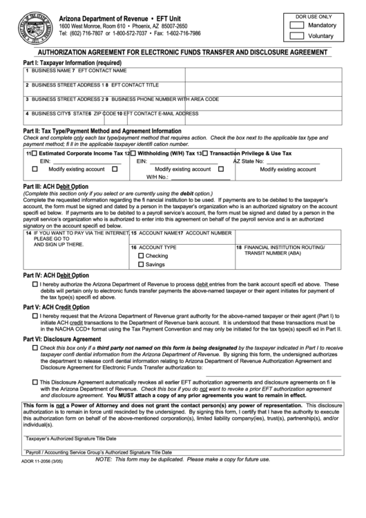 Form Ador 11-2056 - Authorization Agreement For Electronic Funds Transfer And Disclosure Agreement Printable pdf