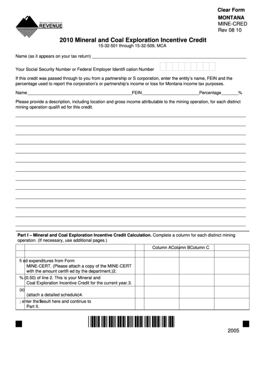 Form Mine-Cred - Mineral And Coal Exploration Incentive Credit - 2010 Printable pdf