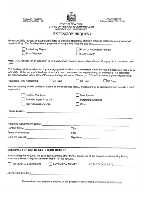 Extension Request - Office The State Comptroller - State Of New York Printable pdf