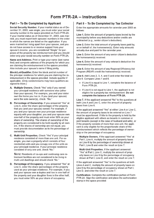 Form Ptr-2a - Instructions - 2003 Printable pdf