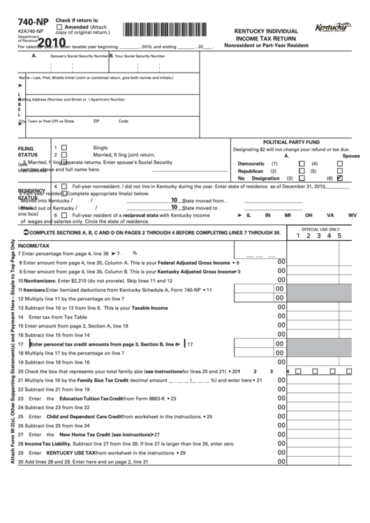 Fillable Form 740-Np - Kentucky Individual Income Tax Return Nonresident Or Part-Year Resident - 2010 Printable pdf