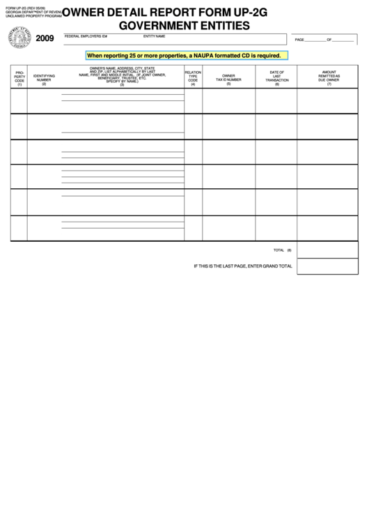 Fillable Form Up-2g - Owner Detail Report - Government Entities - 2009 Printable pdf