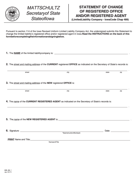 Fillable Statement Of Change Of Registered Office And/or Registered Agent Form - 2011 Printable pdf