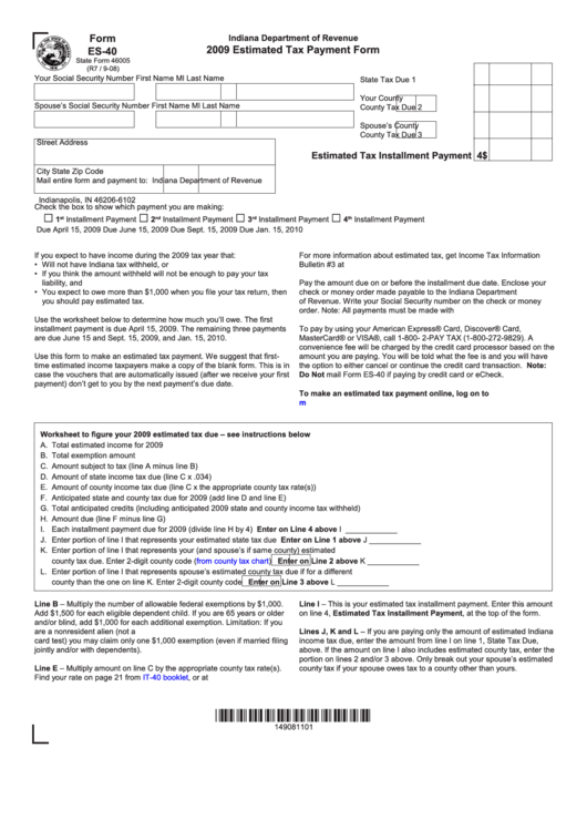 Form Es-40 - Estimated Tax Payment Form - 2009 Printable pdf
