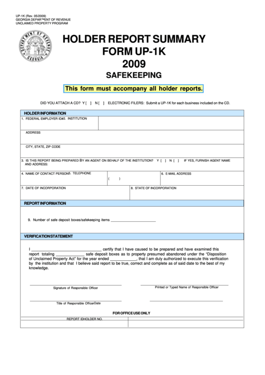 Fillable Form Up-1k - Holder Report Summary - Safekeeping - 2009 Printable pdf
