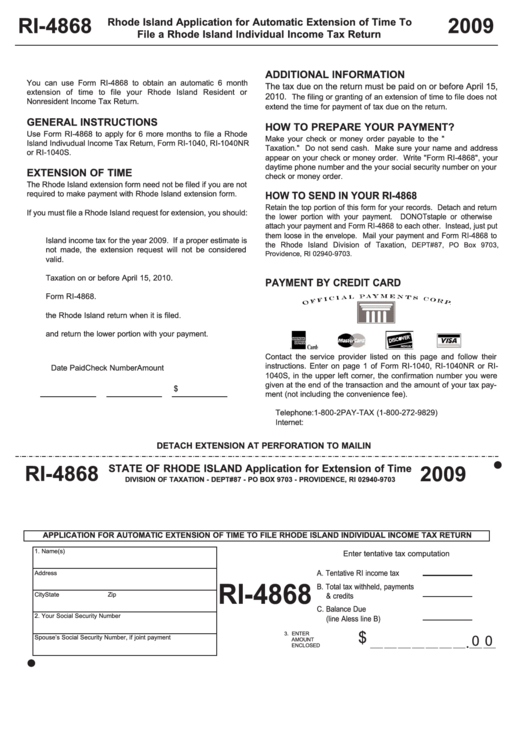 Form Ri-4868 - Application For Automatic Extension Of Time To File Rhode Island Individual Income Tax Return - 2009 Printable pdf